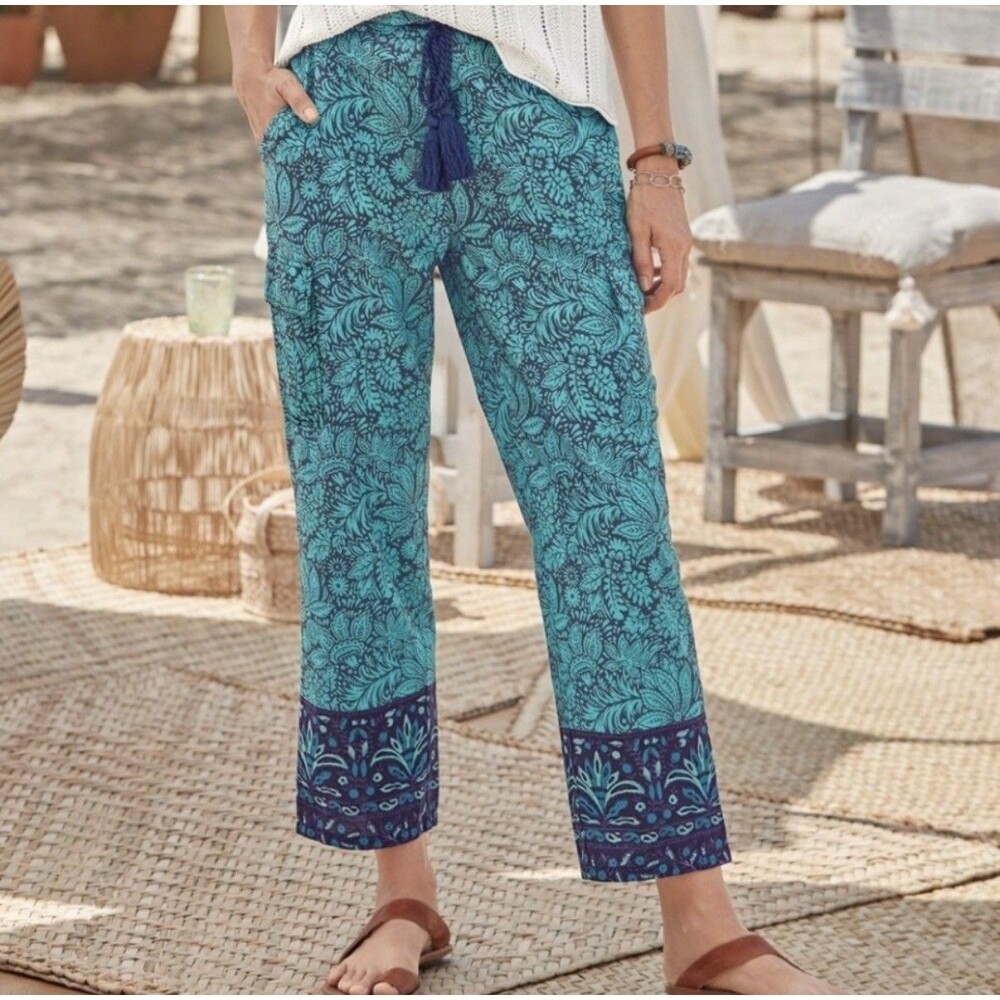 Sundance Vibrant Reef Pants Size L Blue Boho 100% Cotton Pockets Beachy Pull On